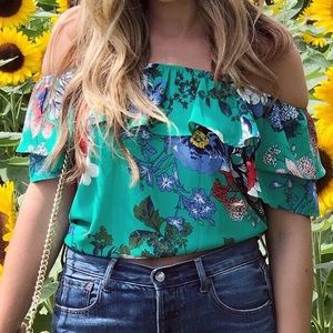 Off the Shoulder Green Floral Blouse